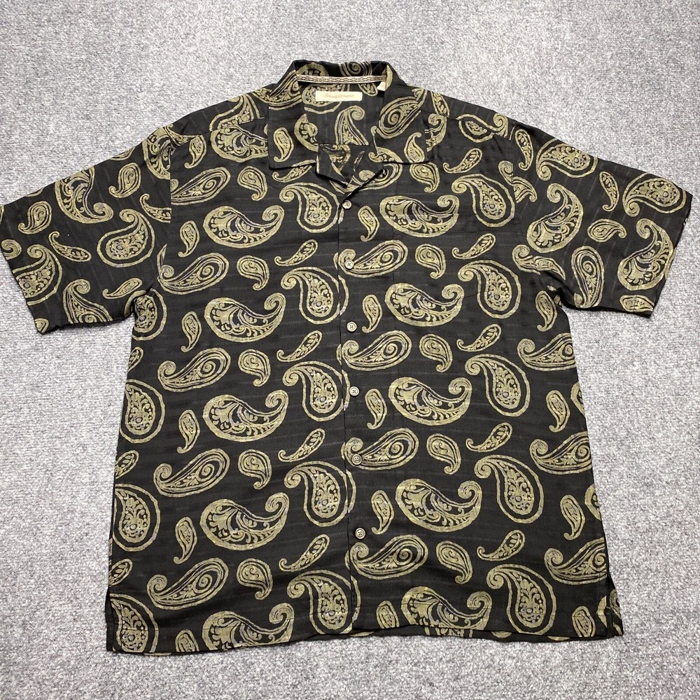 Tommy Bahama Shirt Mens Large Black Gold Paisley 100% Silk Short Sleeve Camp